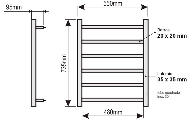 Desenho técnico Unique Slim com dimensões em milímetros